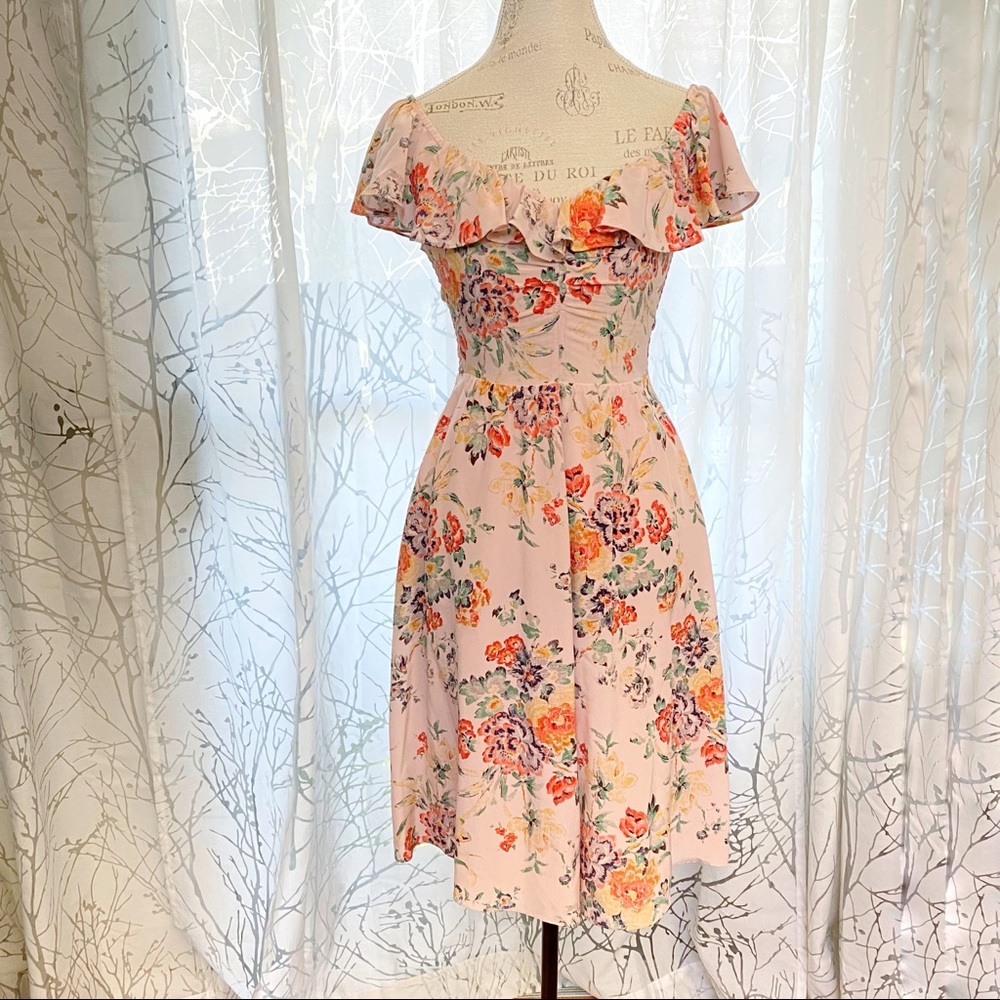 Rebecca Taylor Marlena pink green yellow floral print silk ruffle neckline dress - Picture 5 of 13